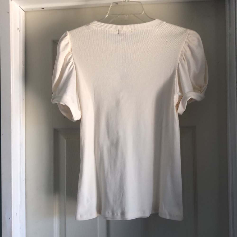 NWT Vince Camuto Puff Sleeve Top Bone Short Sleeve New Ribbed Size Large L New - Picture 4 of 8